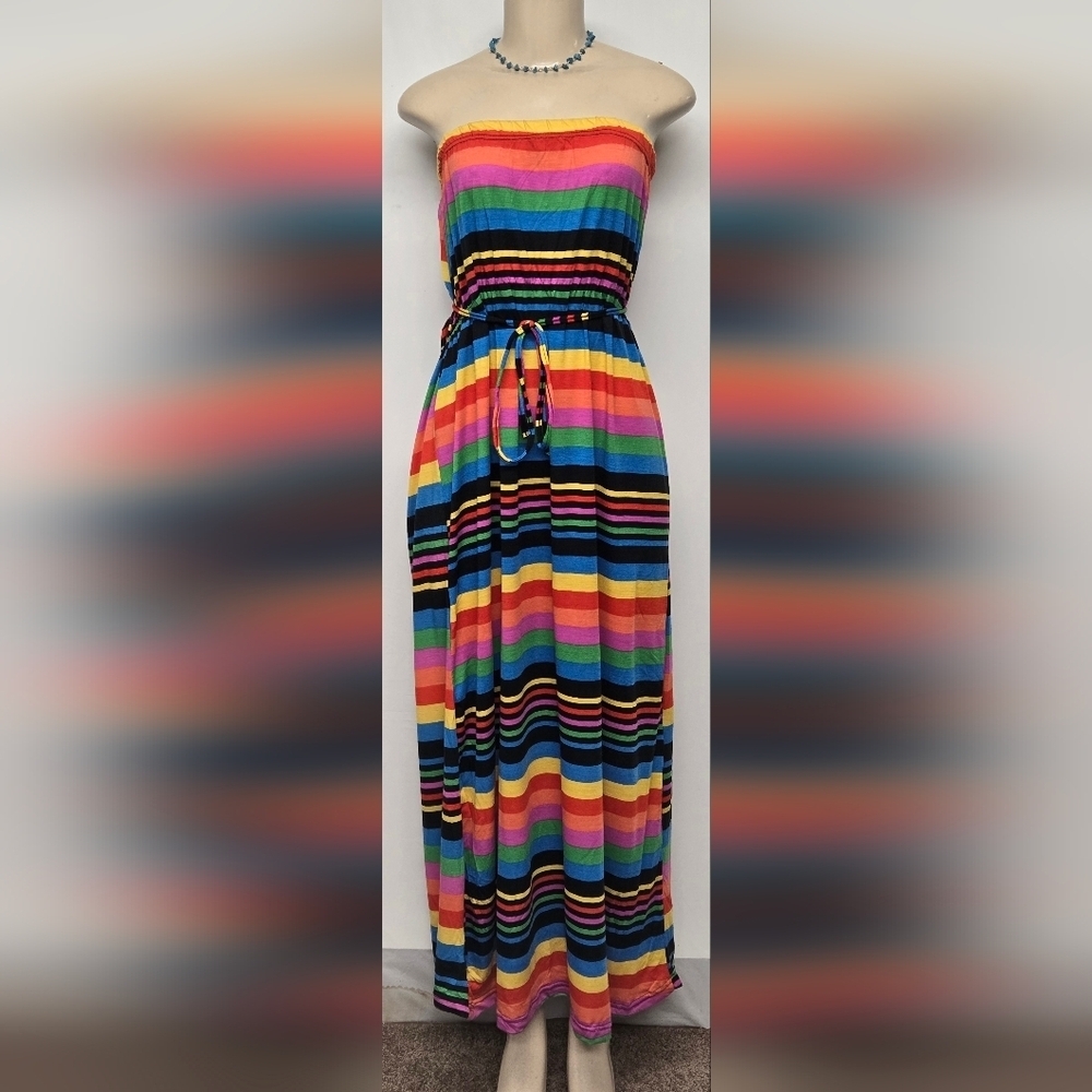 Caren Sport 4X Tube Dress Maxi Full Long Length Striped Colorful Strapless